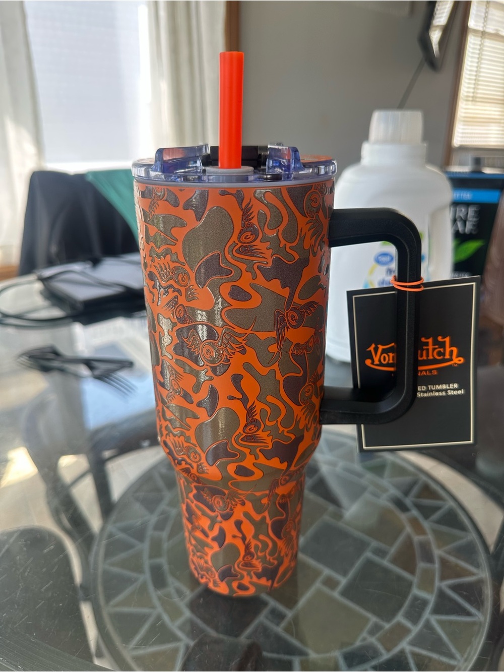 Von Dutch Orange & Black Patterned Insulated Tumbler with Handle